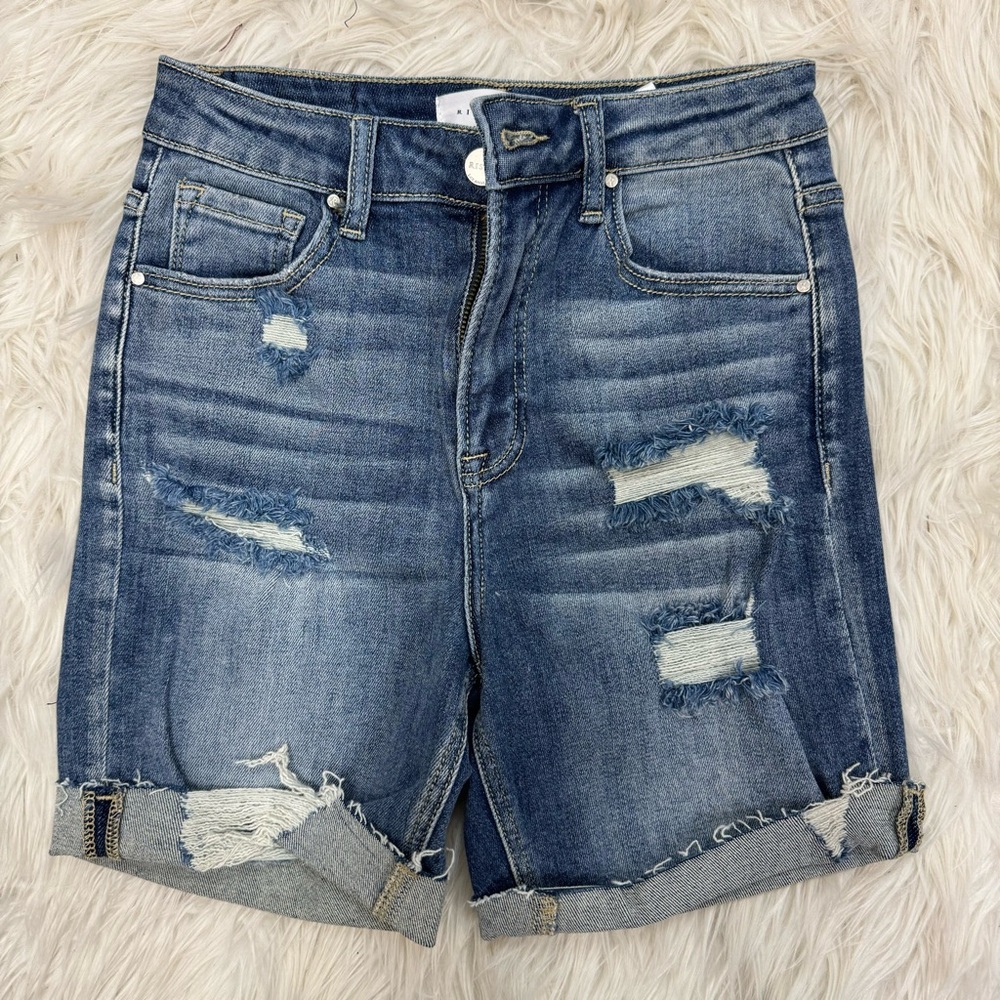 Blue Distressed Jean Shorts with Frayed Hem